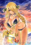  alternate_hairstyle artist_name bikini blonde_hair blush braid breasts cleavage covered_nipples hair_ornament hair_over_one_eye holding holding_poke_ball large_breasts leaning_forward long_hair looking_at_viewer micro_bikini poke_ball poke_ball_(generic) pokemon pokemon_(game) pokemon_dppt shirona_(pokemon) single_braid smile solo star_(sky) sunset swimsuit takecha thigh_gap watermark yellow_eyes 