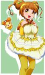  bow breasts brown_hair creature dokidoki!_precure double_bun frilled_skirt frills green_background hair_ornament hairclip highres large_breasts orange_bow pantyhose precure rance_(dokidoki!_precure) ryuuta_(cure_ryuuta) short_hair skirt smile standing yellow_eyes yellow_legwear yotsuba_alice 