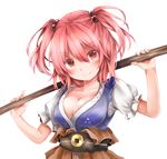 belt breasts chikuwa_savi cleavage collarbone hair_bobbles hair_ornament large_breasts looking_at_viewer onozuka_komachi puffy_short_sleeves puffy_sleeves red_eyes red_hair sash scythe shirt short_sleeves smile solo touhou two_side_up 