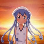  bare_shoulders blue_eyes blue_hair blush dress hat highres ikamusume looking_at_viewer official_art scan shinryaku!_ikamusume solo sunset tentacles white_dress 