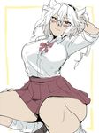  arms_behind_head black_nails blush breasts dark_skin glasses hand_behind_head ikeshita_moyuko kantai_collection large_breasts musashi_(kantai_collection) nail_polish pointy_hair red_eyes school_uniform short_hair solo squatting tube_socks twintails white_hair 