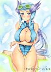  bare_shoulders barefoot blush breast_hold breasts cleavage front_zipper_swimsuit large_breasts long_hair looking_at_viewer marker_(medium) meme_attire nagi_(pokemon) one-piece_swimsuit pokemon purple_eyes purple_hair sitting solo swimsuit takecha thigh_gap traditional_media very_long_hair wariza 