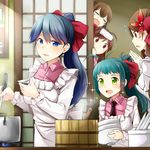  :d akagi_(kantai_collection) amagi_(kantai_collection) apron blue_eyes blue_hair blush_stickers bowl brown_eyes brown_hair bucket closed_eyes cooking flower flying_sweatdrops green_eyes hair_bobbles hair_flower hair_ornament hairclip horie_yui houshou_(kantai_collection) irako_(kantai_collection) kantai_collection kappougi long_sleeves mamiya_(kantai_collection) multiple_girls ohitsu open_mouth ponytail pot rui_shi_(rayze_ray) seiyuu_connection smile sparkle wooden_bucket 