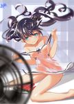  bad_id bad_pixiv_id black_hair blue_eyes blurry covered_navel depth_of_field electric_fan fate/zero fate_(series) floating_hair food fruit hair_ribbon highres i.a.m.genesic long_legs ribbon see-through sitting solo toosaka_rin two_side_up wariza watermelon wind 