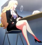  blonde_hair blue_eyes breasts chair female grisaia_(series) grisaia_no_kajitsu grisaia_no_rakuen harudera_yuria high_heels highres large_breasts legs_crossed long_hair sitting skirt smile solo stitched 