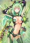  armor arms_up bad_id bad_pixiv_id bangs black_gloves bodysuit bracer breasts center_opening circuit_board cleavage contrapposto cowboy_shot faulds gloves green_bodysuit green_hair green_heart headgear high_ponytail highres holding holding_weapon jpeg_artifacts large_breasts light_smile long_hair looking_at_viewer magical_girl navel neon_trim neptune_(series) polearm ponytail power_symbol purple_eyes solo spear standing sxbzero symbol-shaped_pupils turtleneck very_long_hair weapon 
