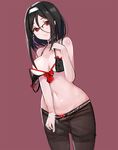  bad_id bad_pixiv_id black_bra black_hair black_legwear blush bra breasts choker deneb_(noble324) glasses hairband highres large_breasts long_hair navel original panties panties_under_pantyhose pantyhose pantyhose_pull red_eyes simple_background smile solo underwear white_bra white_panties 