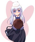  angora_rabbit animal animal_on_head blue_bow blue_eyes blue_hair blue_neckwear blush bow bowtie bunny bunny_on_head gochuumon_wa_usagi_desu_ka? hair_ornament hairclip highres holding kafuu_chino long_hair looking_at_viewer miiyon nose_blush on_head open_mouth rabbit_house_uniform ribbon shirt skirt tippy_(gochiusa) triangle_mouth vest waitress wing_collar x_hair_ornament 