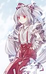  albino blue_background blue_fire bow expressionless fire fujiwara_no_mokou gradient gradient_background hair_bow hair_ornament hair_ribbon hands_in_pockets jpeg_artifacts long_hair looking_away pants red_eyes ribbon shirt solo torn_clothes torn_sleeves touhou very_long_hair white_hair zounose 