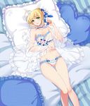  ahoge artoria_pendragon_(all) bed blonde_hair blush bra breasts cameltoe choker fate/stay_night fate_(series) flower frilled_choker frilled_pillow frills from_above green_eyes groin hair_bun hair_flower hair_ornament hair_ribbon hand_on_own_stomach heart heart_pillow lace lace-trimmed_bra lace-trimmed_panties light_smile lingerie looking_at_viewer lying navel nightgown off_shoulder on_back on_bed panties pillow polka_dot ribbon riku_(lingsky) saber see-through small_breasts solo thigh_gap translucent underwear underwear_only white_bra white_panties 