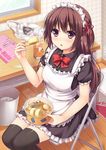  :o apron atsuage_(food) bad_id bad_pixiv_id bag blush bow brown_eyes brown_hair chair chikuwa chopsticks daikon egg folding_chair food frills hair_ribbon highres konnyaku_(food) long_hair looking_at_viewer maid maid_headdress nakamura_sumikage oden original plastic_bag ribbon sitting solo steam thighhighs two_side_up zettai_ryouiki 