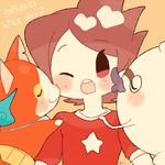  amano_keita blush brown_hair cat cheek_kiss chiyoko_(oman1229) commentary dated double_cheek_kiss english ghost haramaki heart jibanyan kiss kiss_day notched_ear one_eye_closed open_mouth protected_link purple_lips red_shirt shirt short_hair star whisper_(youkai_watch) youkai youkai_watch 