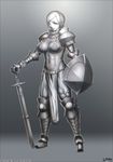  abs armor bikini_armor breasts hand_on_hilt highres large_breasts muscle original raichi_(litchixlitchi) shield smile solo sword weapon 