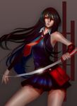  akame akame_ga_kill! bare_shoulders belt belt_pouch black_hair highres katana long_hair necktie nose pouch red_eyes skirt sleeveless solo sozomaika sword vambraces weapon 