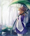  blonde_hair blurry bubble flower hair_ornament hair_ribbon hat highres leaf_umbrella long_sleeves looking_away moriya_suwako profile rain ribbon shinsui_saya shirt short_hair skirt skirt_set solo touhou tree vest wide_sleeves 