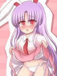  animal_ears bad_anatomy blush bunny_ears necktie open_mouth panties purple_hair red_eyes red_neckwear reisen_udongein_inaba ry side-tie_panties skirt skirt_lift solo touhou underwear white_panties 