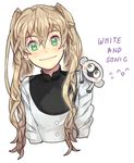  1girl blonde_hair green_eyes kekkai_sensen long_hair simple_background smile sonic_speed_monkey twintails white_(kekkai_sensen) 