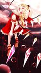  amatou3 back blonde_hair blood colored_eyelashes crystal fang flandre_scarlet full_body hat hat_ribbon highres looking_at_viewer looking_back mob_cap open_mouth puffy_sleeves red_eyes ribbon shaft_look shirt shoes short_hair short_sleeves skirt skirt_set slit_pupils smile solo touhou vest wings 