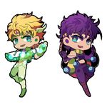  2boys bad_id bad_pixiv_id blonde_hair blue_eyes boots bubble caesar_anthonio_zeppeli chibi clacker facial_mark fingerless_gloves gloves headband jojo_no_kimyou_na_bouken joseph_joestar_(young) knee_pads multiple_boys outline purple_hair scarf takanashi_hinami tank_top winged_hair_ornament 