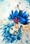  absurdres ankle_socks blue_dress blue_eyes blue_hair cirno cloud cloudy_sky dress flying foreshortening graphite_(medium) hair_ribbon highres looking_at_viewer marker_(medium) mary_janes mr.bukiyo open_hand open_mouth outstretched_arms reaching_out ribbon shoes short_hair sky snowflakes solo touhou traditional_media upside-down wings 