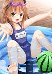  ball beachball blush brick_floor brown_eyes brown_hair fang floor folded food food_print fruit fujishima_shinnosuke goggles goggles_on_head hair_ornament hairclip ikazuchi_(kantai_collection) kantai_collection looking_at_viewer name_tag one-piece_swimsuit open_mouth outstretched_arms partially_submerged pool school_swimsuit short_hair solo spread_legs swimsuit wading water watermelon_beachball watermelon_print 