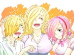  1boy 2girls age_difference blonde_hair multiple_girls one_piece pink_hair sanji smile vinsmoke_family vinsmoke_reiju vinsmoke_sora 