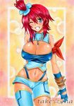  artist_name bare_shoulders blue_eyes blue_gloves blush breasts cleavage cleavage_cutout covered_nipples fingerless_gloves fuuro_(pokemon) gloves grin hair_between_eyes large_breasts marker_(medium) mismatched_legwear navel one_eye_closed pokemon red_hair smile solo takecha traditional_media 