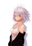  ahoge breasts cleavage grey_eyes hands_in_pockets highres jacket jewelry light_smile medium_breasts mole mole_under_eye necklace open_clothes open_jacket original rucchiifu short_hair silver_hair solo strap_gap tank_top unzipped 