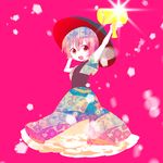  arms_up bad_id bad_twitter_id bowl floral_print from_behind full_body japanese_clothes kimono looking_at_viewer looking_back miracle_mallet nr_(cmnrr) obi object_on_head open_mouth pink_background red_eyes sash short_hair short_sleeves simple_background smile solo sparkle sukuna_shinmyoumaru touhou wide_sleeves 