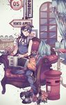  2015 accordion armchair artist_name bangs black_hair blood blood_splatter blue_eyes chair character_name choker copyright_name cup curtains cushion dated flower full_body hairband instrument jar jojo_no_kimyou_na_bouken light_smile male_focus narancia_ghirga pants phone pillow pink_flower pink_rose postbox_(outgoing_mail) road_sign rose rotary_phone shirt sign sitting sleeveless sleeveless_shirt solo table tassel teacup teapot wenny02 window wristband 