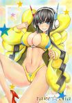  artist_name bikini black_hair blue_eyes blush breasts cleavage_cutout commentary_request covered_nipples fur_coat groin headphones high_heels kamitsure_(pokemon) knee_up large_breasts long_hair marker_(medium) navel pokemon pokemon_(game) pokemon_bw2 sidelocks smile solo star swimsuit takecha traditional_media yellow_bikini 