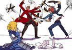  2boys anger_vein archer armor artoria_pendragon_(all) battle clash commentary dark_skin dual_wielding duel eating emiya_shirou fate/stay_night fate_(series) food holding holding_sword holding_weapon kanshou_&amp;_bakuya multiple_boys nanaya_(daaijianglin) popcorn raglan_sleeves red_hair saber sitting sword weapon white_background 