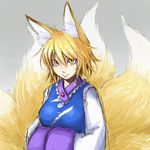  animal_ears blonde_hair dress fox_ears fox_tail grey_background hands_in_opposite_sleeves long_sleeves looking_at_viewer multiple_tails no_hat no_headwear smile solo tabard tail touhou ura_(05131) white_dress wide_sleeves yakumo_ran yellow_eyes 