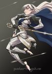  armor arrow barefoot cape daniel_macgregor female_my_unit_(fire_emblem_if) fire_emblem fire_emblem_if gloves hair_between_eyes hair_ornament hairband long_hair my_unit_(fire_emblem_if) pointy_ears red_eyes solo stirrup_legwear sword toeless_legwear weapon 