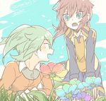  blue_eyes fei_rune flower grass green_eyes green_hair inazuma_eleven_(series) inazuma_eleven_go jacket kirino_ranmaru long_hair male_focus multiple_boys open_clothes open_jacket open_mouth outdoors pink_hair raimon raimon_soccer_uniform soccer_uniform sportswear ticktack_chicken track_jacket twintails twitter_username 