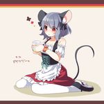  alternate_costume animal_ears bare_shoulders blush bracelet cup dated dress grey_hair highres jewelry kozakura_(dictionary) mouse_ears mouse_tail nazrin pantyhose red_eyes short_hair solo tail touhou white_legwear 