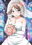  bare_shoulders blue_eyes breasts bridal_veil brown_hair cleavage collarbone commentary_request dress elbow_gloves eyebrows_visible_through_hair flower gloves hair_between_eyes hair_flower hair_ornament hair_twirling highres indoors jewelry kantai_collection kuroame_(kurinohana) looking_at_viewer making_of maya_(kantai_collection) medium_breasts necklace rose short_hair smile solo tiara veil wedding_dress white_dress white_gloves window 