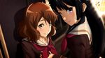  black_hair brown_eyes brown_hair genya_(genya67) hand_on_another's_chest hibike!_euphonium highres indoors kousaka_reina long_hair looking_at_viewer multiple_girls neckerchief oumae_kumiko purple_eyes red_neckwear school_uniform serafuku short_hair smile wavy_hair yuri 