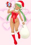  1girl bag boots bow bowtie breasts christmas_present creatures_(company) dark_skin erect_nipples full_body game_freak green_eyes green_hair hat holding long_hair looking_at_viewer mao_(pokemon) medium_breasts nintendo pokemon pokemon_(game) pokemon_sm santa_hat smile solo tof wink 