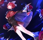  cape disembodied_head gradient gradient_background hair_ornament hair_ribbon long_sleeves looking_at_viewer miniskirt multiple_heads open_mouth outstretched_arm red_eyes red_hair ribbon sekibanki shirt short_hair skirt solo touhou yuki_hiyoko_(bluishsky) 