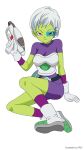  1girl armor artist_name artist_request boots breasts chirai curvy dragon_ball dragon_ball_super female gloves green_eyes green_skin gun hips holding holding_weapon looking_at_viewer medium_breasts scouter short_hair simple_background sitting smile solo sweat thighs weapon white_hair 
