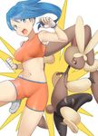  2girls battle_girl_(pokemon) bike_shorts blue_eyes blue_hair female lopunny mega_lopunny mega_pokemon midriff multiple_girls navel npc_trainer pokemon pokemon_oras shoes sneakers tank_top tsuchifumazu 