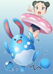  azumarill blue_eyes child double_bun gradient gradient_background innertube npc_trainer pokemon pokemon_oras school_swimsuit swimsuit tsuchifumazu tuber_(pokemon) 