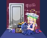  bag bird birdcage blonde_hair blue_dress cage chalk closed_eyes copyright_name door dress flower flower_on_head gaida glitter hat highres jar kaleidoscope matches radio smoke solo usotsuki yume_nisshi 