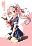  beret cellophane_noodles chize cup_ramen gloves hair_ornament hair_ribbon harusame_(kantai_collection) hat kantai_collection long_hair looking_at_viewer mouth_hold neckerchief pink_eyes pink_hair pleated_skirt red_eyes ribbon school_uniform serafuku side_ponytail skirt smile solo 