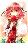  bandages bun_cover candy_apple cotton_candy double_bun flower food ibaraki_kasen kutsuki_kai looking_at_viewer pink_flower pink_rose puffy_sleeves red_eyes red_hair rose shirt skirt solo tabard touhou 