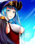  bad_id bad_pixiv_id blue_eyes blue_hair breasts cape chain_chronicle cleavage cloud covered_nipples day feathers hat highres medium_breasts mira_(chain_chronicle) no_bra shijiu_(adamhutt) signature sky solo 