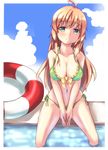  bikini blonde_hair fuyuki8208 green_bikini green_eyes hoshii_miki idolmaster idolmaster_(classic) innertube long_hair sitting soaking_feet solo swimsuit water 