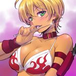  bikini_top blonde_hair breasts cleavage collar dark_skin green_eyes holding_needle holster knife large_breasts mito_ikumi needle shokugeki_no_souma short_hair solo throwing_needles upper_body yazwo 