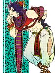  arabian_clothes black_hair blue_eyes fez_hat grin jojo_no_kimyou_na_bouken joseph_joestar_(young) male_focus midriff purple_hair scarf smile solo zino 